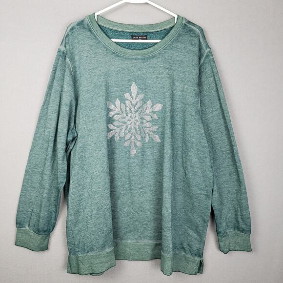 Lane Bryant Size 18/20 Rhinestone Snowflake Crewneck Sweatshirt Green Holiday - Picture 1 of 8
